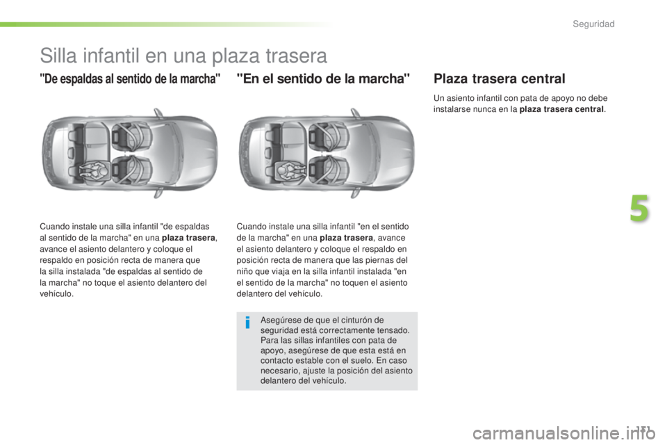 Peugeot 308 2016  Manual del propietario (in Spanish) 131
308_es_Chap05_securite_ed02-2015
Silla infantil en una plaza trasera
"De espaldas al sentido de la marcha"
Cuando instale una silla infantil "de espaldas 
al sentido de la marcha" 