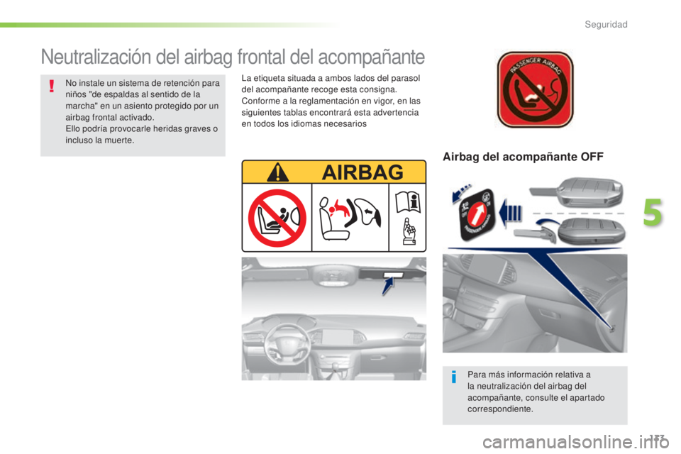 Peugeot 308 2016  Manual del propietario (in Spanish) 133
308_es_Chap05_securite_ed02-2015
Airbag del acompañante OFF
Para más información relativa a 
la neutralización del airbag del 
acompañante, consulte el apartado 
correspondiente.
Neutralizaci