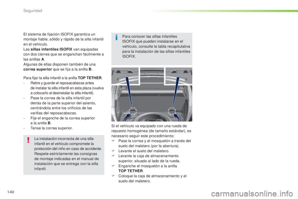 Peugeot 308 2016  Manual del propietario (in Spanish) 140
308_es_Chap05_securite_ed02-2015
La instalación incorrecta de una silla 
infantil en el vehículo compromete la 
protección del niño en caso de accidente.
Respete estrictamente las consignas 
d