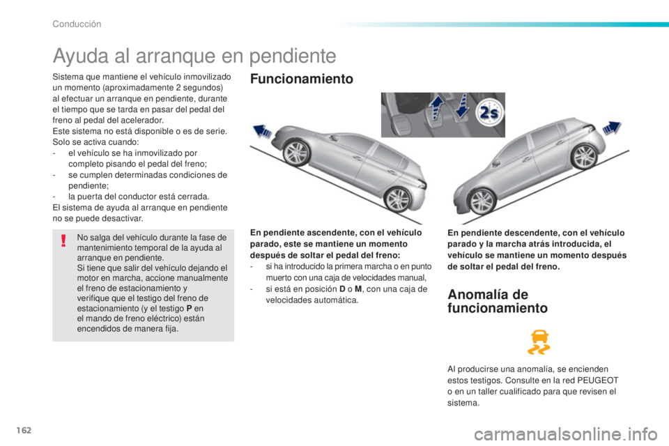 Peugeot 308 2016 Manual del propietario (in Spanish) 162
308_es_Chap06_conduite_ed02-2015
Ayuda al arranque en pendiente
Sistema que mantiene el vehículo inmovilizado
un momento (aproximadamente 2 segundos)
al efectuar un arranque en pendiente, duran Peugeot 308 2016 Manual del propietario (in Spanish) 162
308_es_Chap06_conduite_ed02-2015
Ayuda al arranque en pendiente
Sistema que mantiene el vehículo inmovilizado
un momento (aproximadamente 2 segundos)
al efectuar un arranque en pendiente, duran
