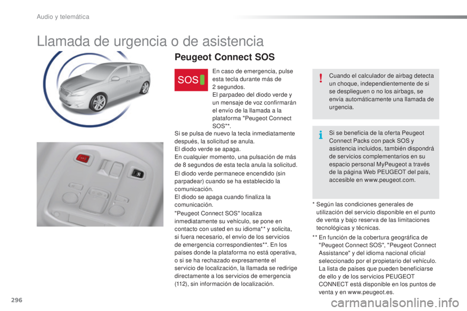 Peugeot 308 2016 Manual del propietario (in Spanish) 296
308_es_Chap10a_BTA_ed02-2015
Llamada de urgencia o de asistencia
Cuando el calculador de airbag detecta
un choque, independientemente de si
se desplieguen o no los airbags, se
envía automátic Peugeot 308 2016 Manual del propietario (in Spanish) 296
308_es_Chap10a_BTA_ed02-2015
Llamada de urgencia o de asistencia
Cuando el calculador de airbag detecta
un choque, independientemente de si
se desplieguen o no los airbags, se
envía automátic
