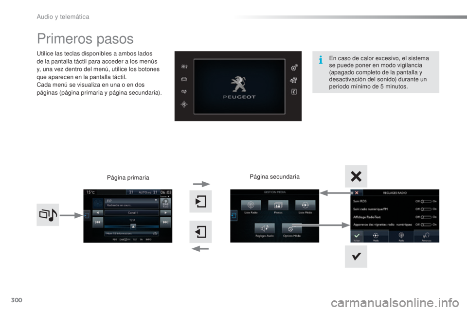 Peugeot 308 2016  Manual del propietario (in Spanish) 300
308_es_Chap10c_SMEGplus_ed02-2015
Primeros pasos
Utilice las teclas disponibles a ambos lados 
de la pantalla táctil para acceder a los menús 
y, una vez dentro del menú, utilice los botones 
q