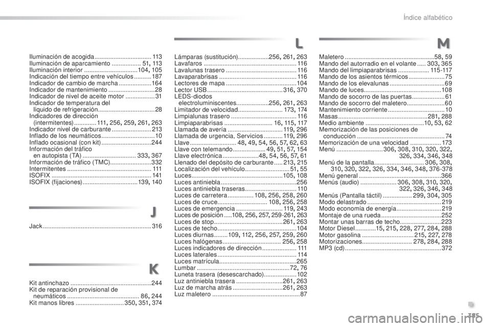Peugeot 308 2016 Manual del propietario (in Spanish) 385
308_es_Chap11_index-alpha_ed02-2015
Jack ...............................................................316
Kit antinchazo
............................................... 244
Kit de reparación Peugeot 308 2016 Manual del propietario (in Spanish) 385
308_es_Chap11_index-alpha_ed02-2015
Jack ...............................................................316
Kit antinchazo
............................................... 244
Kit de reparación