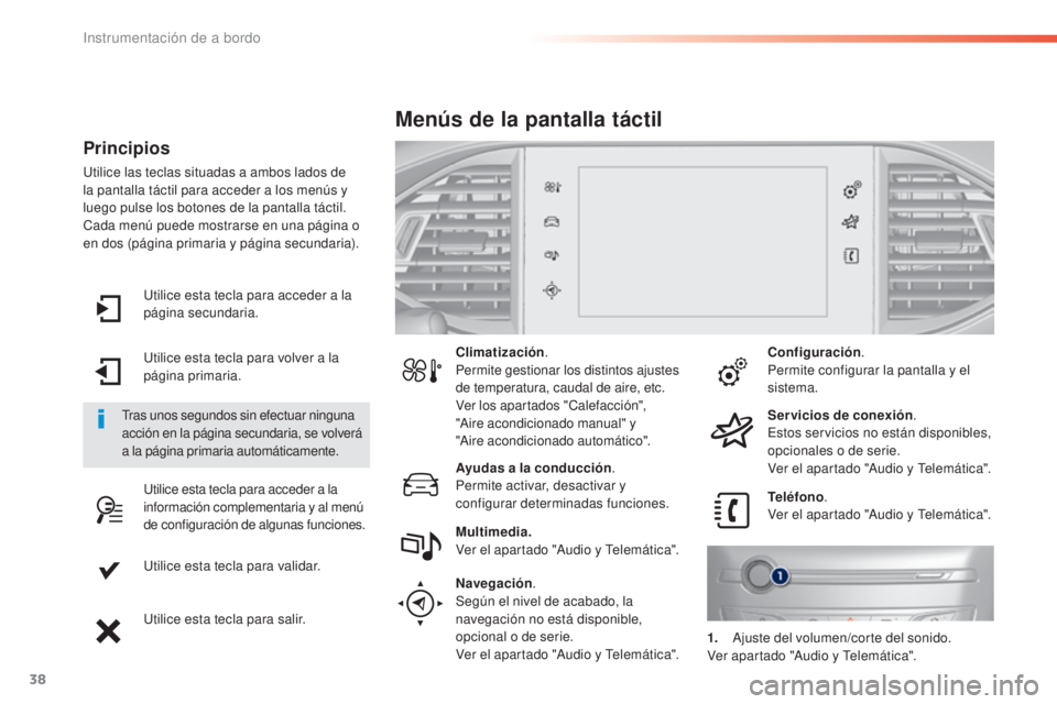 Peugeot 308 2016  Manual del propietario (in Spanish) 38
Utilice esta tecla para acceder a la 
página secundaria.
Utilice esta tecla para volver a la 
página primaria.
Utilice esta tecla para acceder a la 
información complementaria y al menú 
de con