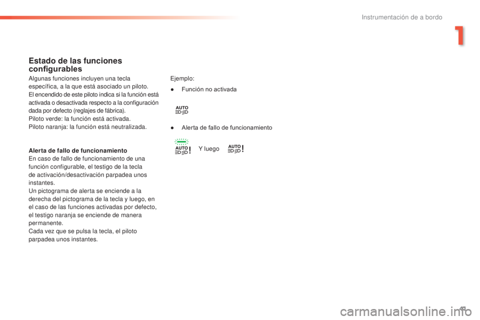 Peugeot 308 2016  Manual del propietario (in Spanish) 41
308_es_Chap01_instruments-de-bord_ed02-2015
Estado de las funciones 
configurables
Alerta de fallo de funcionamiento
En caso de fallo de funcionamiento de una 
función configurable, el testigo de 