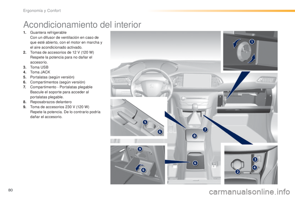 Peugeot 308 2016 Manual del propietario (in Spanish) 80
308_es_Chap03_ergonomie-et-confort_ed02-2015
Acondicionamiento del interior
1. Guantera refrigerable Con un difusor de ventilación en caso de
que esté abierto, con el motor en marcha y
el aire Peugeot 308 2016 Manual del propietario (in Spanish) 80
308_es_Chap03_ergonomie-et-confort_ed02-2015
Acondicionamiento del interior
1. Guantera refrigerable Con un difusor de ventilación en caso de
que esté abierto, con el motor en marcha y
el aire