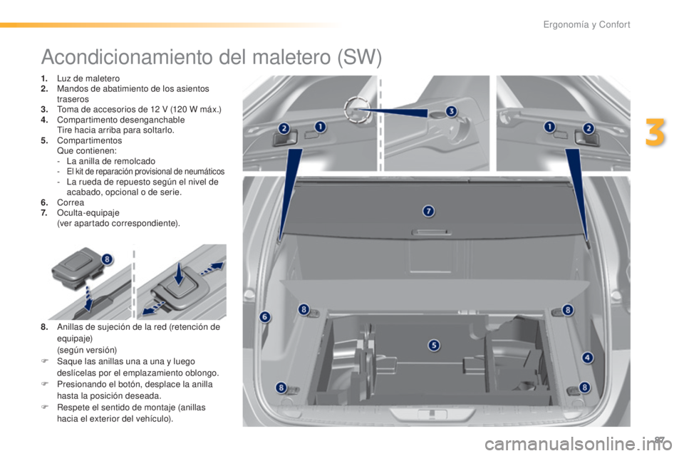 Peugeot 308 2016 Manual del propietario (in Spanish) 87
308_es_Chap03_ergonomie-et-confort_ed02-2015
Acondicionamiento del maletero (SW)
1. Luz de maletero
2. Mandos de abatimiento de los asientos
traseros
3.
T
oma de accesorios de 12 V (120 W máx.) Peugeot 308 2016 Manual del propietario (in Spanish) 87
308_es_Chap03_ergonomie-et-confort_ed02-2015
Acondicionamiento del maletero (SW)
1. Luz de maletero
2. Mandos de abatimiento de los asientos
traseros
3.
T
oma de accesorios de 12 V (120 W máx.)