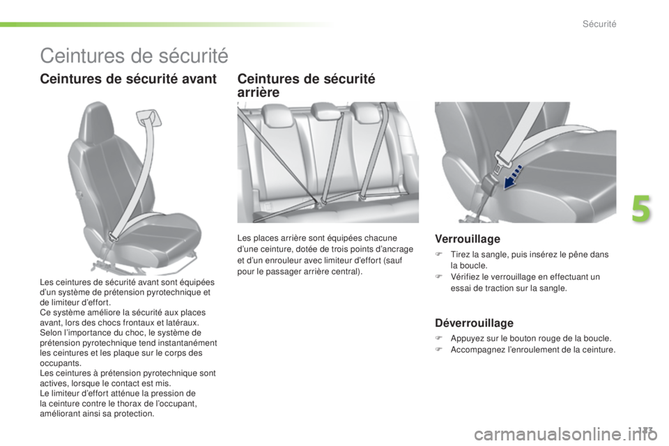 Peugeot 308 2016 Manuel du propriétaire (in French) 123
Ceintures de sécurité
Ceintures de sécurité avant Ceintures de sécurité arrière
Les places arrière sont équipées chacune
d’une ceinture, dotée de trois points d’ancrage
et d’un Peugeot 308 2016 Manuel du propriétaire (in French) 123
Ceintures de sécurité
Ceintures de sécurité avant Ceintures de sécurité arrière
Les places arrière sont équipées chacune
d’une ceinture, dotée de trois points d’ancrage
et d’un
