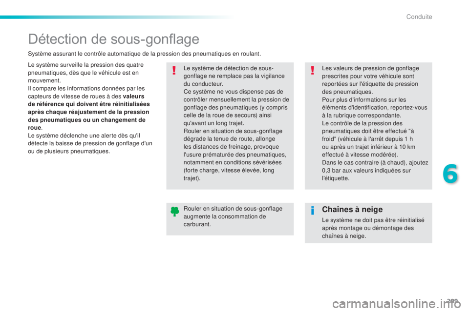 Peugeot 308 2016 Manuel du propriétaire (in French) 209
Détection de sous-gonflage
Le système surveille la pression des quatre
pneumatiques, dès que le véhicule est en
mouvement.
Il compare les informations données par les
capteurs de vitesse d Peugeot 308 2016 Manuel du propriétaire (in French) 209
Détection de sous-gonflage
Le système surveille la pression des quatre
pneumatiques, dès que le véhicule est en
mouvement.
Il compare les informations données par les
capteurs de vitesse d