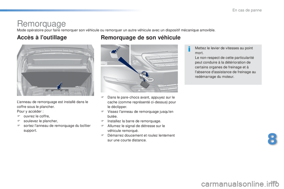 Peugeot 308 2016 Manuel du propriétaire (in French) 275
RemorquageMode opératoire pour faire remorquer son véhicule ou remorquer un autre véhicule avec un dispositif mécanique amovible.
Accès à l'outillage
L'anneau de remorquage est insta Peugeot 308 2016 Manuel du propriétaire (in French) 275
RemorquageMode opératoire pour faire remorquer son véhicule ou remorquer un autre véhicule avec un dispositif mécanique amovible.
Accès à l'outillage
L'anneau de remorquage est insta