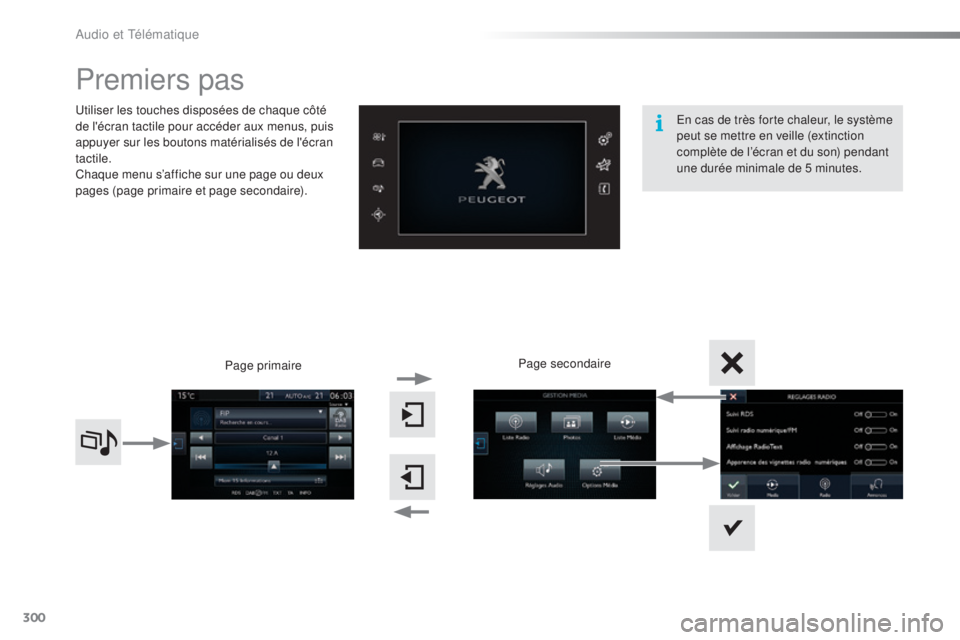 Peugeot 308 2016  Manuel du propriétaire (in French) 300
Premiers pas
Utiliser les touches disposées de chaque côté 
de l'écran tactile pour accéder aux menus, puis 
appuyer sur les boutons matérialisés de l'écran 
tactile.
Chaque menu s