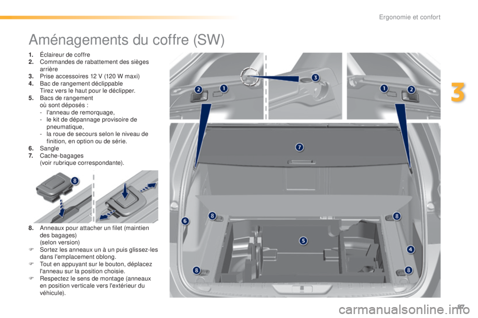 Peugeot 308 2016 Manuel du propriétaire (in French) 87
Aménagements du coffre (SW)
1. Éclaireur de coffre
2. Commandes de rabattement des sièges
arrière
3.
P
rise accessoires 12 V (120 W maxi)
4.
Ba
c de rangement déclippable
T
irez vers le Peugeot 308 2016 Manuel du propriétaire (in French) 87
Aménagements du coffre (SW)
1. Éclaireur de coffre
2. Commandes de rabattement des sièges
arrière
3.
P
rise accessoires 12 V (120 W maxi)
4.
Ba
c de rangement déclippable
T
irez vers le