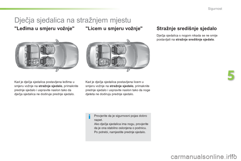Peugeot 308 2016 Vodič za korisnike (in Croatian) 131
308_hr_Chap05_securite_ed02-2015
Dječja sjedalica na stražnjem mjestu
"Leđima u smjeru vožnje"
Kad je dječja sjedalica postavljena leđima u
smjeru vožnje na stražnje sjedalo, prim Peugeot 308 2016 Vodič za korisnike (in Croatian) 131
308_hr_Chap05_securite_ed02-2015
Dječja sjedalica na stražnjem mjestu
"Leđima u smjeru vožnje"
Kad je dječja sjedalica postavljena leđima u
smjeru vožnje na stražnje sjedalo, prim