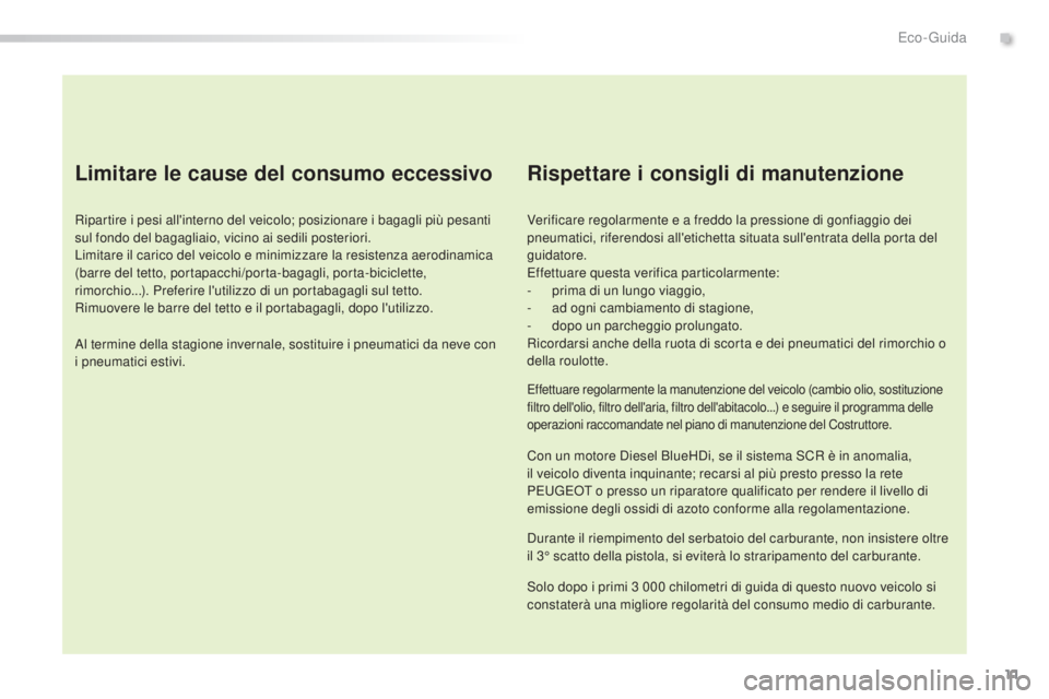 Peugeot 308 2016 Manuale del proprietario (in Italian) 11
308_it_Chap00c_eco-conduite_ed02-2015
Limitare le cause del consumo eccessivo
Ripartire i pesi all'interno del veicolo; posizionare i bagagli più pesanti
sul fondo del bagagliaio, vicino ai s Peugeot 308 2016 Manuale del proprietario (in Italian) 11
308_it_Chap00c_eco-conduite_ed02-2015
Limitare le cause del consumo eccessivo
Ripartire i pesi all'interno del veicolo; posizionare i bagagli più pesanti
sul fondo del bagagliaio, vicino ai s