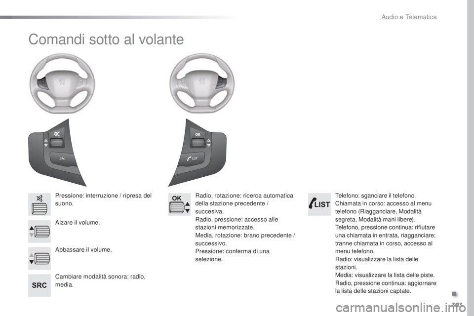 Peugeot 308 2016  Manuale del proprietario (in Italian) 303
308_it_Chap10c_SMegplus_ed02-2015
Comandi sotto al volante
Pressione: interruzione / ripresa del 
suono.
Alzare il volume.
Cambiare modalità sonora: radio, 
media.Radio, rotazione: ricerca automa