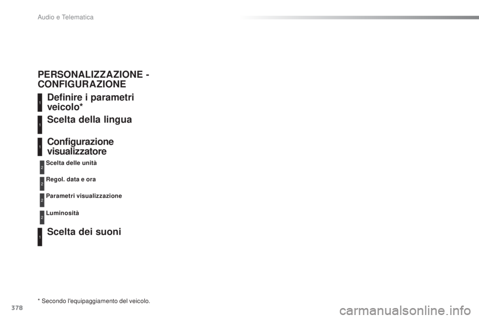Peugeot 308 2016 Manuale del proprietario (in Italian) 378
308_it_Chap10d_RD45_ed02-2015
Definire i parametri
veicolo*
Scelta dei suoni Scelta della lingua
Configurazione
visualizzatore
* Secondo l'equipaggiamento del veicolo.Scelta delle unità
Reg Peugeot 308 2016 Manuale del proprietario (in Italian) 378
308_it_Chap10d_RD45_ed02-2015
Definire i parametri
veicolo*
Scelta dei suoni Scelta della lingua
Configurazione
visualizzatore
* Secondo l'equipaggiamento del veicolo.Scelta delle unità
Reg