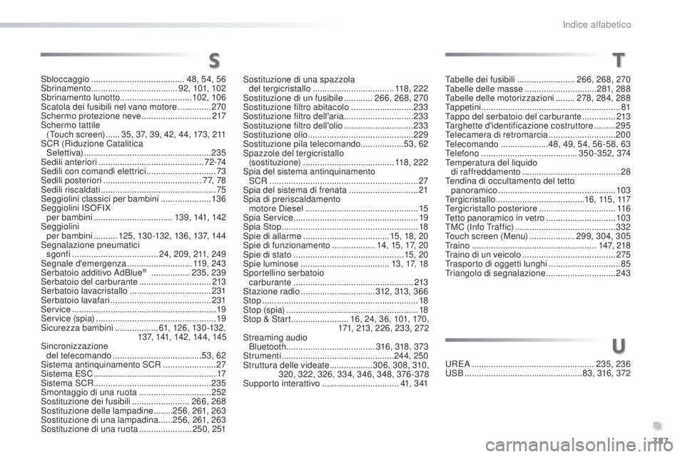 Peugeot 308 2016 Manuale del proprietario (in Italian) 387
308_it_Chap11_index-alpha_ed02-2015
tabelle dei fusibili ........................266, 268, 270ta
belle delle masse ..............................281, 288
ta
belle delle motorizzazioni
....... Peugeot 308 2016 Manuale del proprietario (in Italian) 387
308_it_Chap11_index-alpha_ed02-2015
tabelle dei fusibili ........................266, 268, 270ta
belle delle masse ..............................281, 288
ta
belle delle motorizzazioni
.......