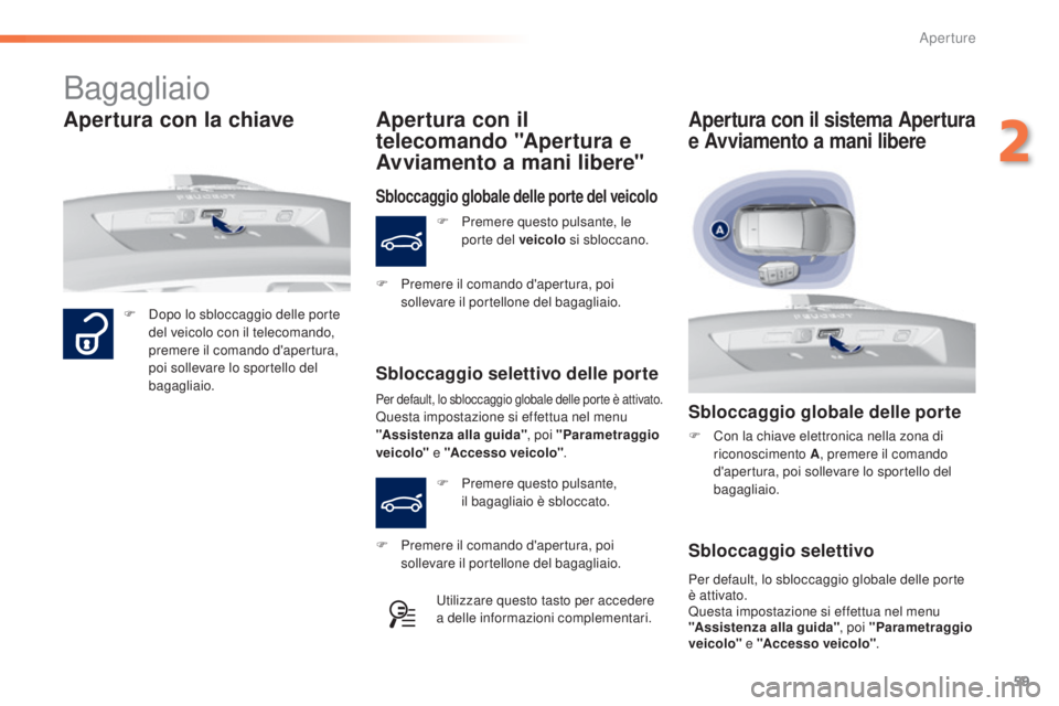 Peugeot 308 2016 Manuale del proprietario (in Italian) 59
308_it_Chap02_ouvertures_ed02-2015
Bagagliaio
F Dopo lo sbloccaggio delle porte del veicolo con il telecomando,
premere il comando d'apertura,
poi sollevare lo sportello del
bagagliaio.
Aper Peugeot 308 2016 Manuale del proprietario (in Italian) 59
308_it_Chap02_ouvertures_ed02-2015
Bagagliaio
F Dopo lo sbloccaggio delle porte del veicolo con il telecomando,
premere il comando d'apertura,
poi sollevare lo sportello del
bagagliaio.
Aper