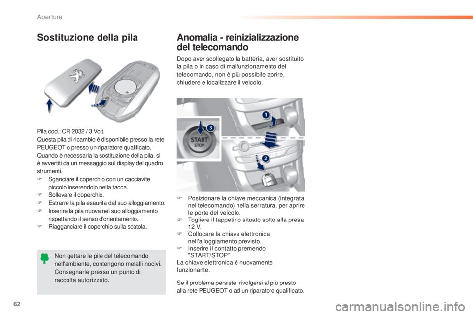 Peugeot 308 2016 Manuale del proprietario (in Italian) 62
308_it_Chap02_ouvertures_ed02-2015
Sostituzione della pila
Pila cod.: CR 2032 / 3 Volt.
Q uesta pila di ricambio è disponibile presso la rete
P
e
ugeot o presso un riparatore qualificato.
Quand Peugeot 308 2016 Manuale del proprietario (in Italian) 62
308_it_Chap02_ouvertures_ed02-2015
Sostituzione della pila
Pila cod.: CR 2032 / 3 Volt.
Q uesta pila di ricambio è disponibile presso la rete
P
e
ugeot o presso un riparatore qualificato.
Quand