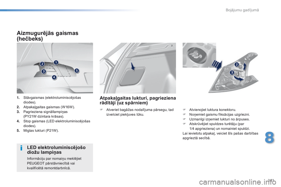 Peugeot 308 2016 Īpašnieka rokasgrāmata (in Latvian) 261
308_lv_Chap08_En-cas-de-panne_ed02-2015
1. Stāvgaismas (elektroluminiscējošas diodes).
2.
A
tpakaļgaitas gaismas (W16W).
3.
P
agrieziena signāllampiņas
(PY21W dzintara krāsas).
4.
S Peugeot 308 2016 Īpašnieka rokasgrāmata (in Latvian) 261
308_lv_Chap08_En-cas-de-panne_ed02-2015
1. Stāvgaismas (elektroluminiscējošas diodes).
2.
A
tpakaļgaitas gaismas (W16W).
3.
P
agrieziena signāllampiņas
(PY21W dzintara krāsas).
4.
S