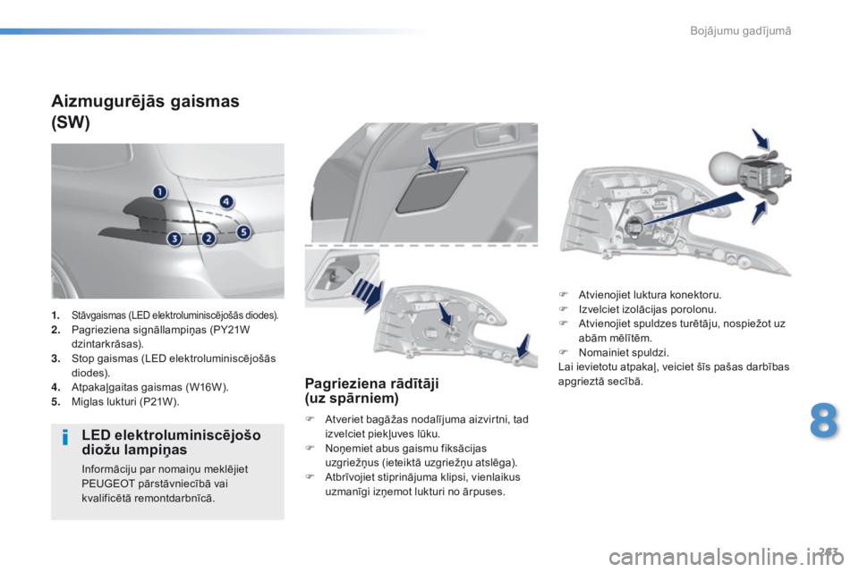 Peugeot 308 2016 Īpašnieka rokasgrāmata (in Latvian) 263
308_lv_Chap08_En-cas-de-panne_ed02-2015
Aizmugurējās gaismas
(SW)
LED elektroluminiscējošo
diožu lampiņas
Informāciju par nomaiņu meklējiet
PEUGEOT pārstāvniecībā vai
kvalificētā Peugeot 308 2016 Īpašnieka rokasgrāmata (in Latvian) 263
308_lv_Chap08_En-cas-de-panne_ed02-2015
Aizmugurējās gaismas
(SW)
LED elektroluminiscējošo
diožu lampiņas
Informāciju par nomaiņu meklējiet
PEUGEOT pārstāvniecībā vai
kvalificētā