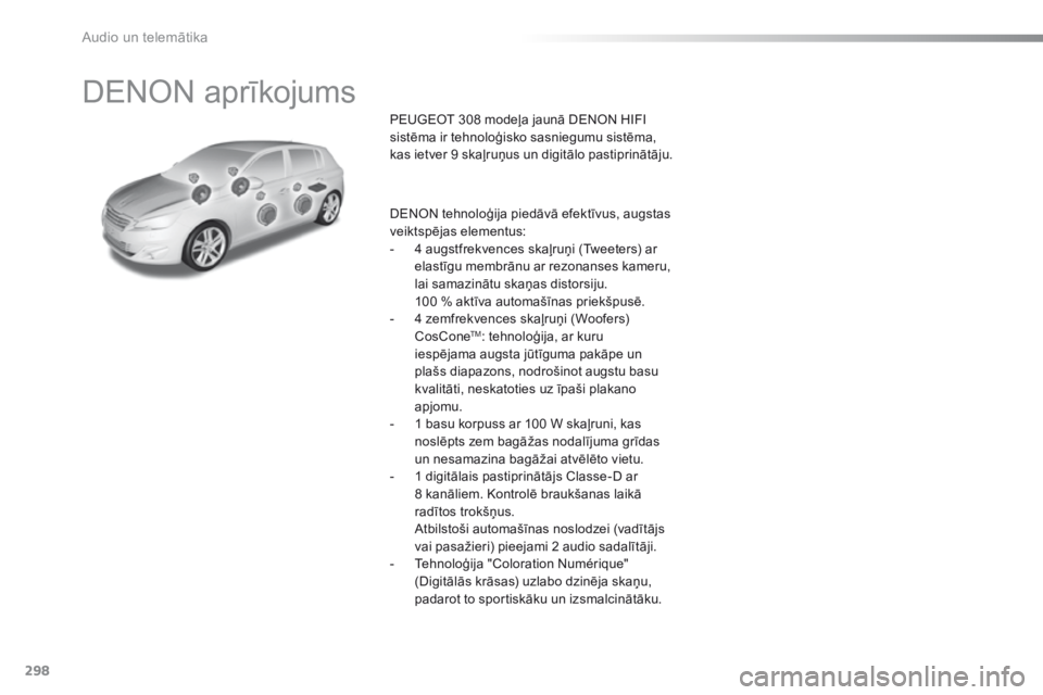 Peugeot 308 2016 Īpašnieka rokasgrāmata (in Latvian) 298
308_lv_Chap10b_DENON_ed02-2015
DENON aprīkojums
PEUGEOT 308 modeļa jaunā DENON HIFI
sistēma ir tehnoloģisko sasniegumu sistēma,
kas ietver 9 skaļruņus un digitālo pastiprinātāju.
DENO Peugeot 308 2016 Īpašnieka rokasgrāmata (in Latvian) 298
308_lv_Chap10b_DENON_ed02-2015
DENON aprīkojums
PEUGEOT 308 modeļa jaunā DENON HIFI
sistēma ir tehnoloģisko sasniegumu sistēma,
kas ietver 9 skaļruņus un digitālo pastiprinātāju.
DENO