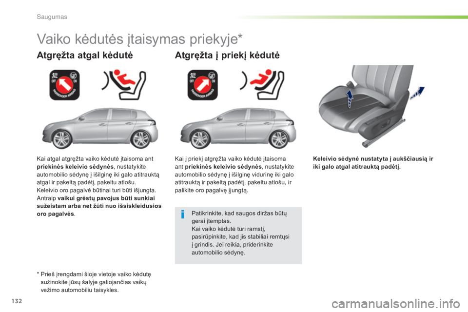 Peugeot 308 2016  Savininko vadovas (in Lithuanian) 132
308_lt_Chap05_securite_ed02-2015
Keleivio sėdynė nustatyta į aukščiausią ir 
iki galo atgal atitrauktą padėtį.
Atgręžta atgal kėdutė
Vaiko kėdutės įtaisymas priekyje*
Atgręžta į