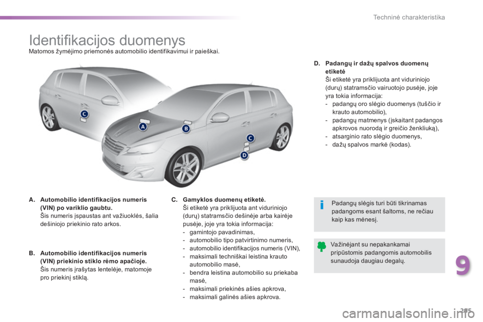 Peugeot 308 2016 Savininko vadovas (in Lithuanian) 295
308_lt_Chap09_caracteristiques-techniques_ed02-2015
Identifikacijos duomenysMatomos žymėjimo priemonės automobilio identifikavimui ir paieškai.
A.
A
utomobilio identifikacijos numeris
(VIN) Peugeot 308 2016 Savininko vadovas (in Lithuanian) 295
308_lt_Chap09_caracteristiques-techniques_ed02-2015
Identifikacijos duomenysMatomos žymėjimo priemonės automobilio identifikavimui ir paieškai.
A.
A
utomobilio identifikacijos numeris
(VIN)