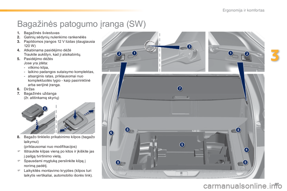 Peugeot 308 2016 Savininko vadovas (in Lithuanian) 87
308_lt_Chap03_ergonomie-et-confort_ed02-2015
Bagažinės patogumo įranga (SW)
1. Bagažinės šviestuvas
2. Galinių sėdynių nulenkimo rankenėlės
3.
P
apildomos įrangos 12 V lizdas (daugiau Peugeot 308 2016 Savininko vadovas (in Lithuanian) 87
308_lt_Chap03_ergonomie-et-confort_ed02-2015
Bagažinės patogumo įranga (SW)
1. Bagažinės šviestuvas
2. Galinių sėdynių nulenkimo rankenėlės
3.
P
apildomos įrangos 12 V lizdas (daugiau