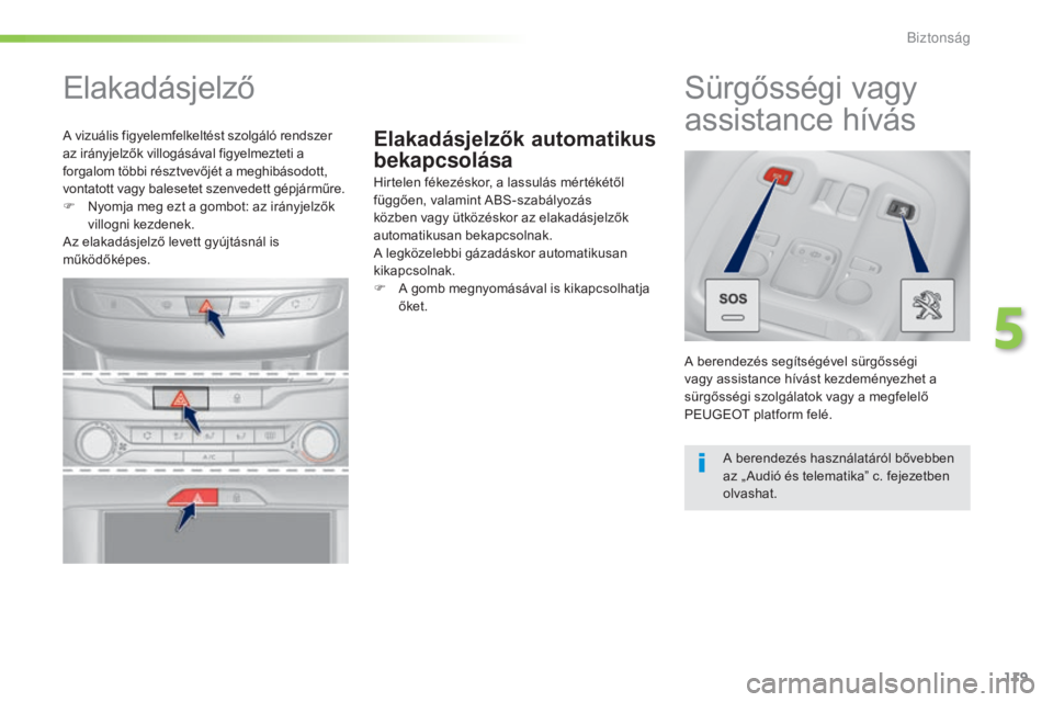 Peugeot 308 2016  Kezelési útmutató (in Hungarian) 119
308_hu_Chap05_securite_ed02-2015
Elakadásjelzők automatikus 
bekapcsolása
Elakadásjelző
Hirtelen fékezéskor, a lassulás mértékétől 
függően, valamint ABS-szabályozás 
közben vagy 