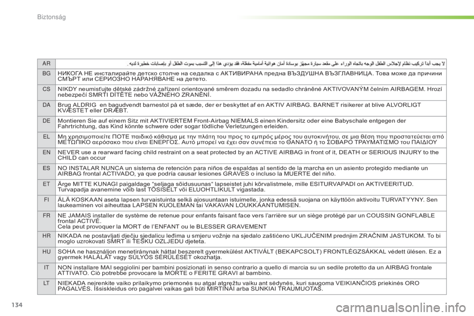 Peugeot 308 2016  Kezelési útmutató (in Hungarian) 134
AR
B g
НИКОГА НЕ инсталирайте детско столче на седалка с АКТИВИРАНА предна ВЪЗДУШНА ВЪЗГЛАВНИЦ А. Това може д�