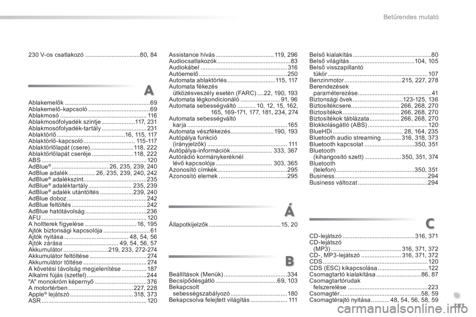 Peugeot 308 2016  Kezelési útmutató (in Hungarian) 383
308_hu_Chap11_index-alpha_ed02-2015
230 V-os csatlakozó .................................80, 84 Assistance hívás  ............................... .... 119, 296
Audiocsatlakozók ...............