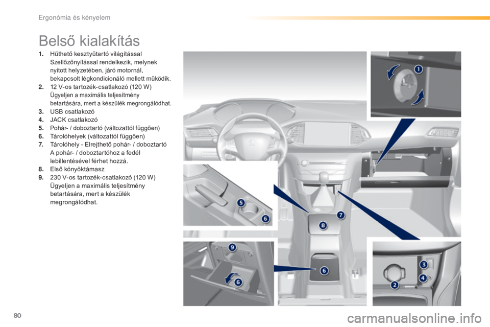 Peugeot 308 2016  Kezelési útmutató (in Hungarian) 80
308_hu_Chap03_ergonomie-et-confort_ed02-2015
Belső kialakítás
1. Hűthető kesztyűtartó világítással  Szellőzőnyílással rendelkezik, melynek 
nyitott helyzetében, járó motornál, 
be