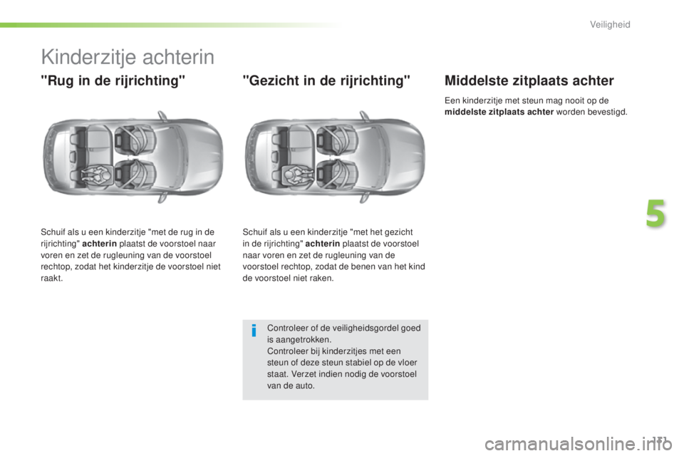 Peugeot 308 2016 Handleiding (in Dutch) 131
308_nl_Chap05_securite_ed02-2015
Kinderzitje achterin
"Rug in de rijrichting"
Schuif als u een kinderzitje "met de rug in de
rijrichting" achterin plaatst de voorstoel naar
voren Peugeot 308 2016 Handleiding (in Dutch) 131
308_nl_Chap05_securite_ed02-2015
Kinderzitje achterin
"Rug in de rijrichting"
Schuif als u een kinderzitje "met de rug in de
rijrichting" achterin plaatst de voorstoel naar
voren