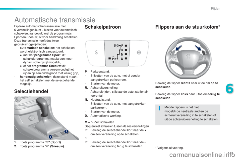Peugeot 308 2016  Handleiding (in Dutch) 165
308_nl_Chap06_conduite_ed02-2015
Automatische transmissie
Bij deze automatische transmissie met 
6  versnellingen kunt u kiezen voor automatisch 
schakelen, aangevuld met de programma's 
Sport