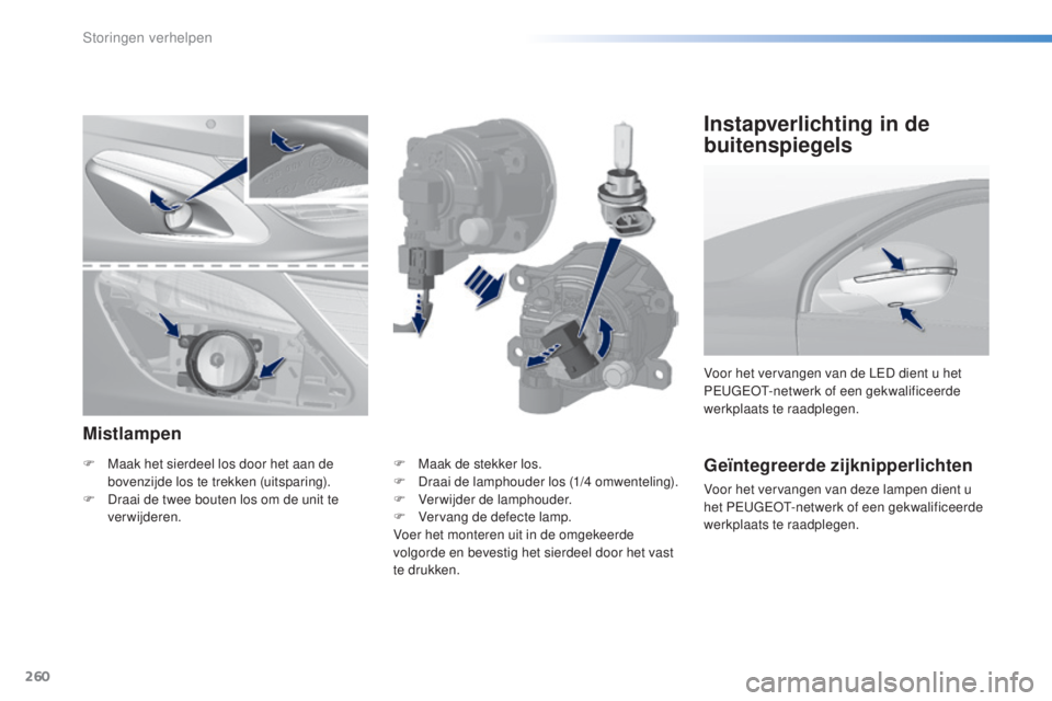 Peugeot 308 2016 Handleiding (in Dutch) 260
308_nl_Chap08_en-cas-de-panne_ed02-2015
Geïntegreerde zijknipperlichten
Voor het vervangen van deze lampen dient u
het Pe
ugeot- netwerk of een gekwalificeerde
werkplaats te raadplegen. Voor he Peugeot 308 2016 Handleiding (in Dutch) 260
308_nl_Chap08_en-cas-de-panne_ed02-2015
Geïntegreerde zijknipperlichten
Voor het vervangen van deze lampen dient u
het Pe
ugeot- netwerk of een gekwalificeerde
werkplaats te raadplegen. Voor he