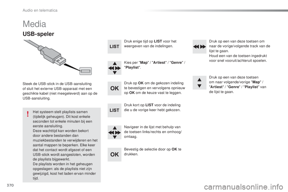 Peugeot 308 2016 Handleiding (in Dutch) 370
308_nl_Chap10d_RD45_ed02-2015
Media
USB-speler
Steek de uSB-stick in de uS B-aansluiting
of sluit het externe uS B-apparaat met een
geschikte kabel (niet meegeleverd) aan op de
uS
B-aansluit Peugeot 308 2016 Handleiding (in Dutch) 370
308_nl_Chap10d_RD45_ed02-2015
Media
USB-speler
Steek de uSB-stick in de uS B-aansluiting
of sluit het externe uS B-apparaat met een
geschikte kabel (niet meegeleverd) aan op de
uS
B-aansluit