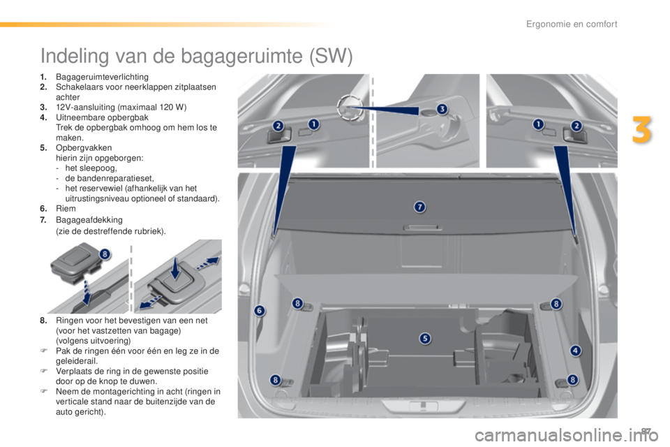 Peugeot 308 2016 Handleiding (in Dutch) 87
308_nl_Chap03_ergonomie-et-confort_ed02-2015
Indeling van de bagageruimte (SW)
1. Bagageruimteverlichting
2. S chakelaars voor neerklappen zitplaatsen
achter
3.
1
2V-aansluiting (maximaal 120 W) Peugeot 308 2016 Handleiding (in Dutch) 87
308_nl_Chap03_ergonomie-et-confort_ed02-2015
Indeling van de bagageruimte (SW)
1. Bagageruimteverlichting
2. S chakelaars voor neerklappen zitplaatsen
achter
3.
1
2V-aansluiting (maximaal 120 W)