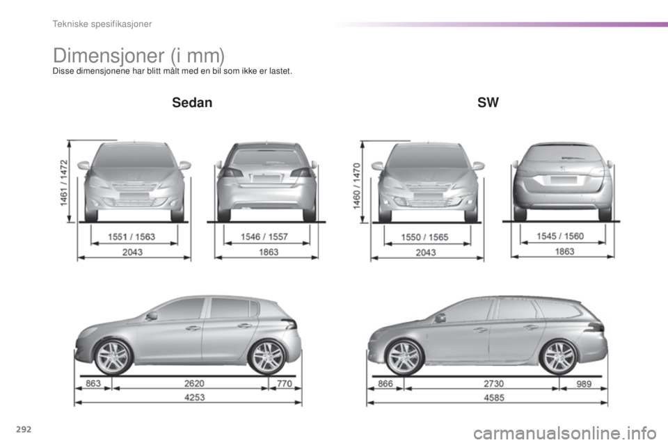 Peugeot 308 2016  Brukerhåndbok (in Norwegian) 292
308_no_Chap09_caracteristiques-techniques_ed02-2015
Dimensjoner (i mm)Disse dimensjonene har blitt målt med en bil som ikke er lastet.
SedanSW 
tekniske spesifikasjoner  