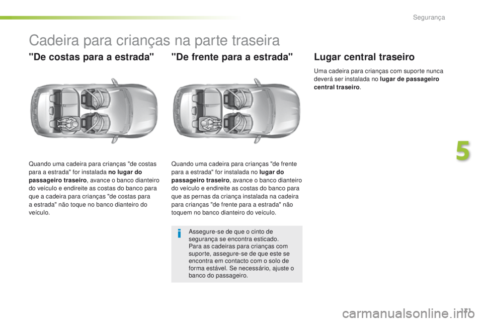 Peugeot 308 2016 Manual do proprietário (in Portuguese) 131
308_pt_Chap05_securite_ed02-2015
Cadeira para crianças na parte traseira
"De costas para a estrada"
Quando uma cadeira para crianças "de costas
para a estrada" for instalada no Peugeot 308 2016 Manual do proprietário (in Portuguese) 131
308_pt_Chap05_securite_ed02-2015
Cadeira para crianças na parte traseira
"De costas para a estrada"
Quando uma cadeira para crianças "de costas
para a estrada" for instalada no