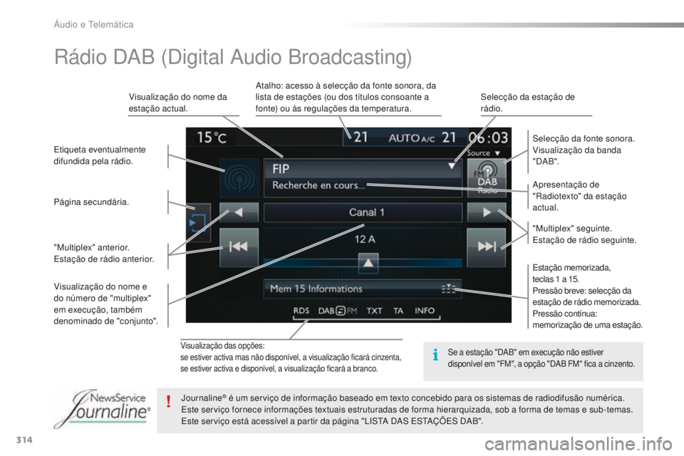 Peugeot 308 2016  Manual do proprietário (in Portuguese) 314
308_pt_Chap10c_SMEgplus_ed02-2015
Visualização das opções:
se estiver activa mas não disponível, a visualização ficará cinzenta,
se estiver activa e disponível, a visualização ficará 
