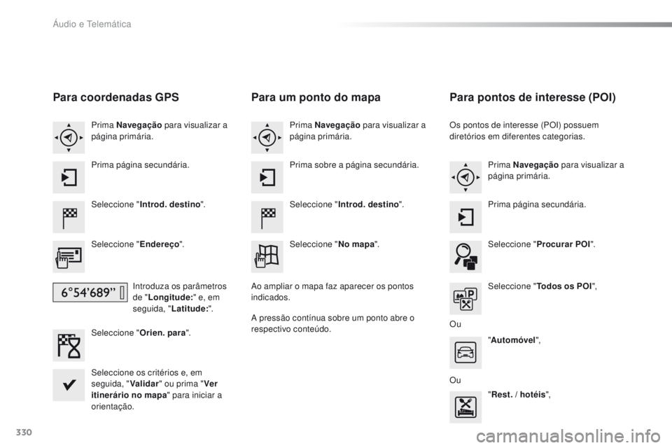 Peugeot 308 2016  Manual do proprietário (in Portuguese) 330
308_pt_Chap10c_SMEgplus_ed02-2015
Para coordenadas GPS
Seleccione "Introd. destino ".
Seleccione " Endereço".
Introduza os parâmetros 
de " Longitude: " e, em 
seguida, &