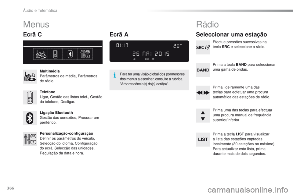 Peugeot 308 2016  Manual do proprietário (in Portuguese) 366
308_pt_Chap10d_RD45_ed02-2015
Menus
Ecrã C
Multimédia
Parâmetros de média, Parâmetros 
de rádio.
Telefone
Ligar, g
e
 stão das listas telef.,  g
e
 stão 
do telefone, Desligar.
Ligação B