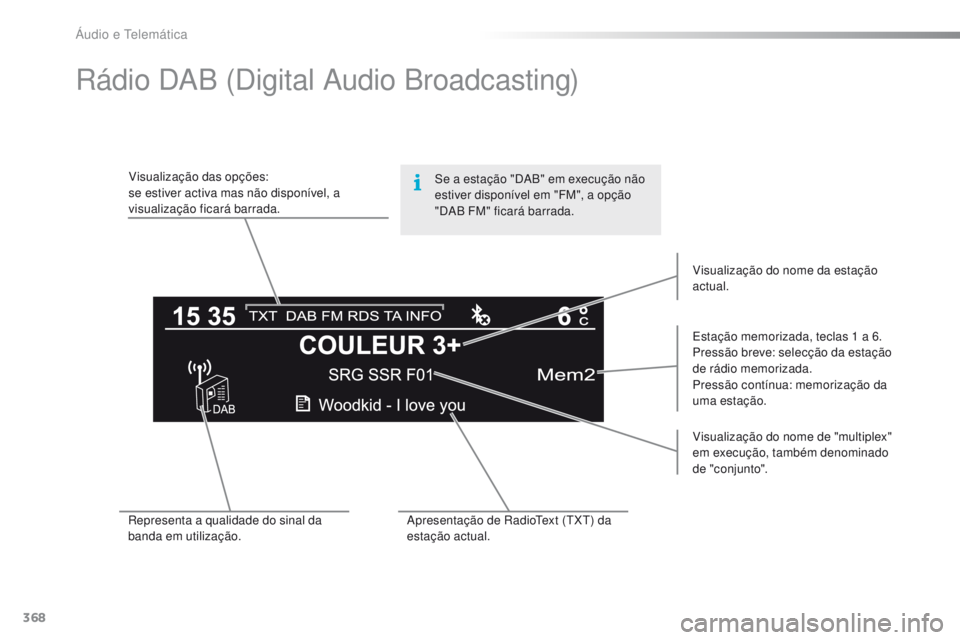 Peugeot 308 2016  Manual do proprietário (in Portuguese) 368
308_pt_Chap10d_RD45_ed02-2015
Rádio DAB (Digital Audio Broadcasting)
Visualização das opções:
se estiver activa mas não disponível, a 
visualização ficará barrada.Estação memorizada, t