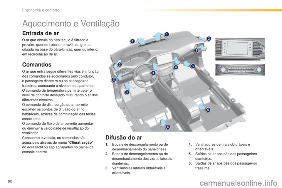 Peugeot 308 2016  Manual do proprietário (in Portuguese) 90
308_pt_Chap03_ergonomie-et-confort_ed02-2015
Aquecimento e Ventilação
Entrada de ar
O ar que circula no habitáculo é filtrado e 
provém, quer do exterior através da grelha 
situada na base do