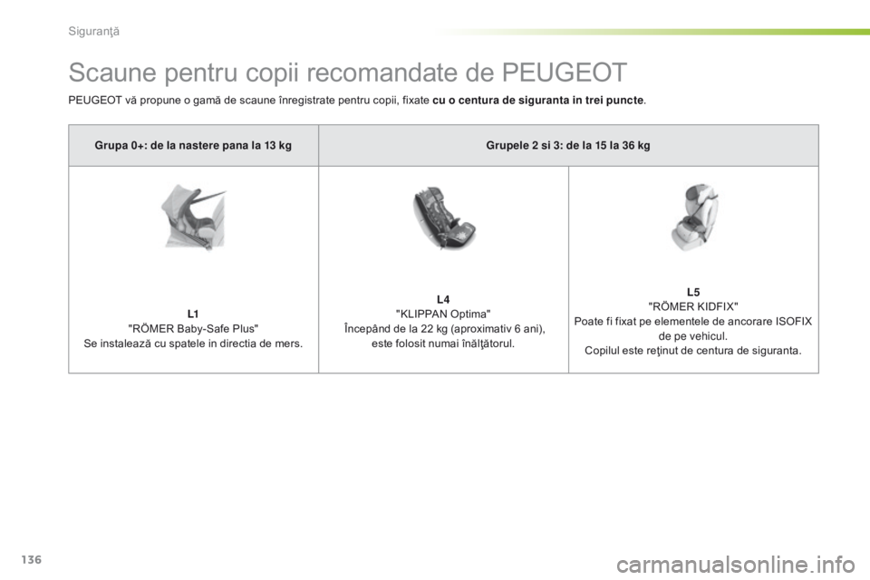 Peugeot 308 2016 Manualul de utilizare (in Romanian) 136
308_ro_Chap05_securite_ed02-2015
Scaune pentru copii recomandate de PEUGEOT
PEUGEOT vă propune o gamă de scaune înregistrate pentru copii, fixate cu o centura de siguranta in trei puncte.
Grupa Peugeot 308 2016 Manualul de utilizare (in Romanian) 136
308_ro_Chap05_securite_ed02-2015
Scaune pentru copii recomandate de PEUGEOT
PEUGEOT vă propune o gamă de scaune înregistrate pentru copii, fixate cu o centura de siguranta in trei puncte.
Grupa
