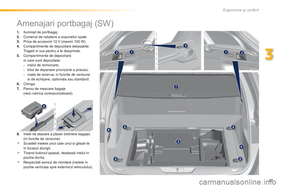 Peugeot 308 2016  Manualul de utilizare (in Romanian) 87
308_ro_Chap03_ergonomie-et-confort_ed02-2015
Amenajari portbagaj (SW)
1. Iluminat de portbagaj
2. Comenzi de rabatere a scaunelor spate
3.
 P

riza de accesorii 12 V (maxim 120 W)
4.
 C

ompartimen