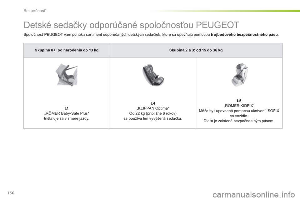 Peugeot 308 2016  Užívateľská príručka (in Slovak) 136
308_sk_Chap05_securite_ed02-2015
Detské sedačky odporúčané spoločnosťou PEUGEOT
Spoločnosť PEUGEOT vám ponúka sortiment odporúčaných detských sedačiek, ktoré sa upevňujú pomocou