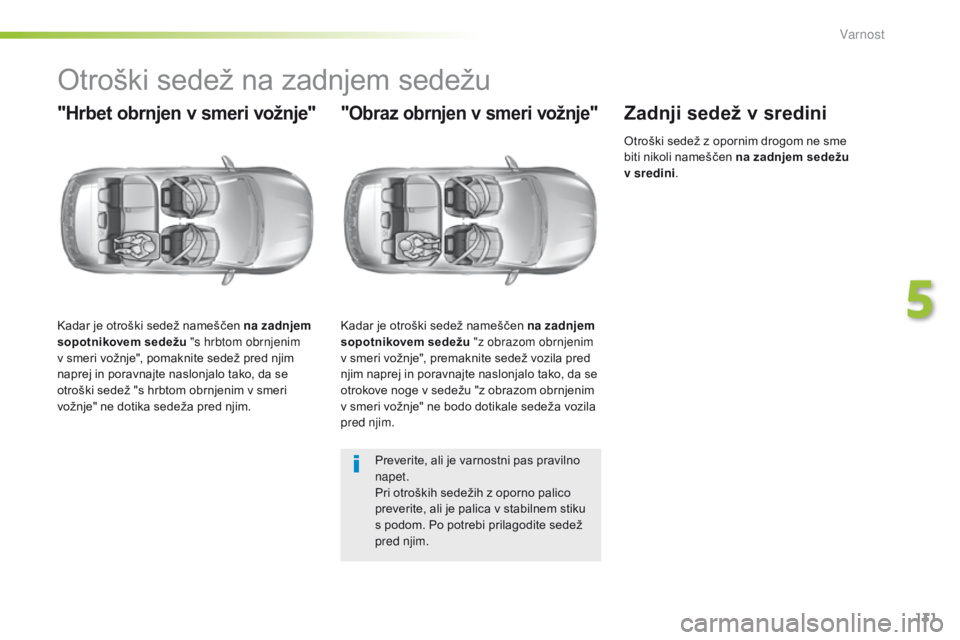 Peugeot 308 2016 Priročnik za lastnika (in Slovenian) 131
308_sl_Chap05_securite_ed02-2015
Otroški sedež na zadnjem sedežu
"Hrbet obrnjen v smeri vožnje"
Kadar je otroški sedež nameščen na zadnjem
sopotnikovem sedežu "s hrbtom obrnj Peugeot 308 2016 Priročnik za lastnika (in Slovenian) 131
308_sl_Chap05_securite_ed02-2015
Otroški sedež na zadnjem sedežu
"Hrbet obrnjen v smeri vožnje"
Kadar je otroški sedež nameščen na zadnjem
sopotnikovem sedežu "s hrbtom obrnj