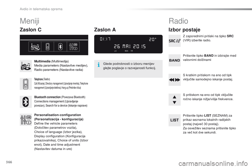 Peugeot 308 2016 Priročnik za lastnika (in Slovenian) 366
308_sl_Chap10d_RD45_ed02-2015
Meniji
Zaslon C
Multimedia (Multimedija)
Media parameters (Nastavitve medijev),
Radio parameters (Nastavitve radia)
Telephone (Telefon)
Call (Klicanje), Directory m Peugeot 308 2016 Priročnik za lastnika (in Slovenian) 366
308_sl_Chap10d_RD45_ed02-2015
Meniji
Zaslon C
Multimedia (Multimedija)
Media parameters (Nastavitve medijev),
Radio parameters (Nastavitve radia)
Telephone (Telefon)
Call (Klicanje), Directory m
